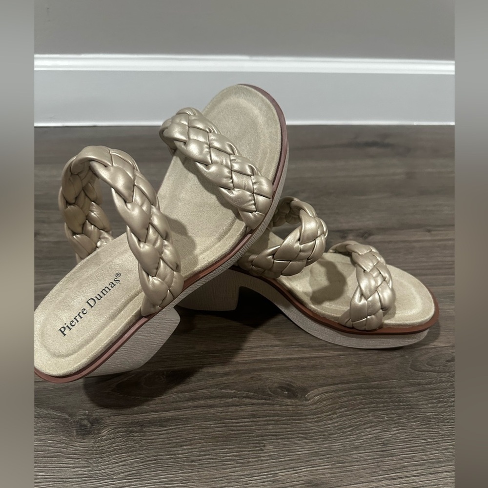 Braided Metallic White Gold Platform Slide Sandal Chunky Platform Heel